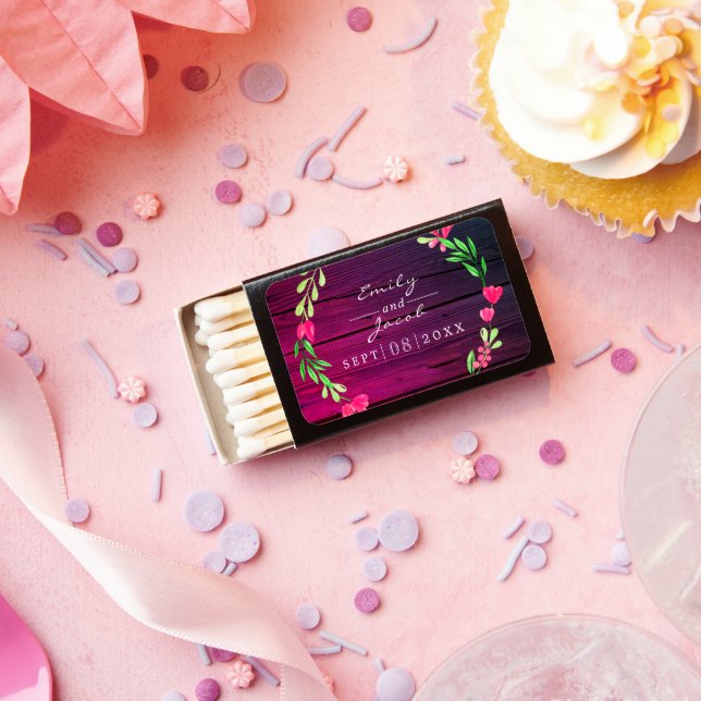 Pink Floral Dusty Purple Wood Country Wedding Matchboxes (Insitu)