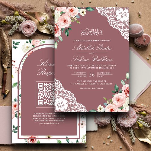 Pink Floral Dusty Rose Lace QR Code Muslim Wedding Invitation
