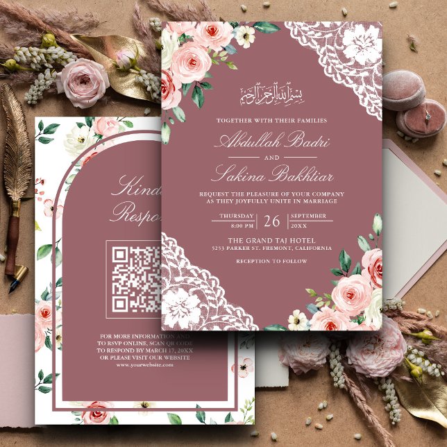 Pink Floral Dusty Rose Lace QR Code Muslim Wedding Invitation (Creator Uploaded)