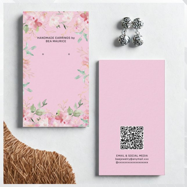 Pink Floral Earring Display Holder QR Code Card (Creator Uploaded)