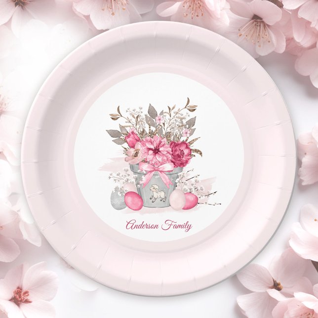 Pink Floral Easter Brunch Egg Hunt Family Name Paper Plates (Pink Floral Easter Brunch Egg Hunt Family Name Paper Plates)