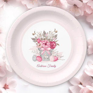 Pink Floral Easter Brunch Egg Hunt Family Name Paper Plates