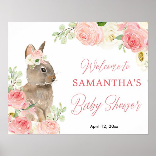 Pink floral Easter bunny baby shower welcome sign
