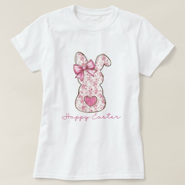 Pink Floral Easter Bunny Coquette Bow T-Shirt (Design Front)
