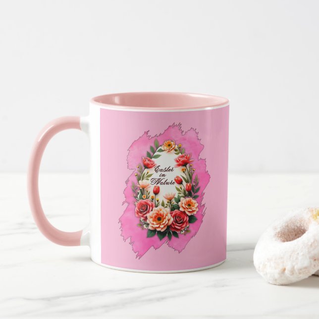 Pink Floral Easter Egg – Spring Art - caneca Mug (With Donut)
