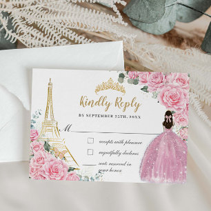Pink Floral Eiffel Paris Quinceanera Mis 15 Reply RSVP Card