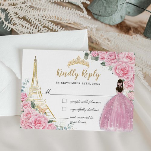 Pink Floral Eiffel Paris Quinceanera Mis 15 Reply RSVP Card