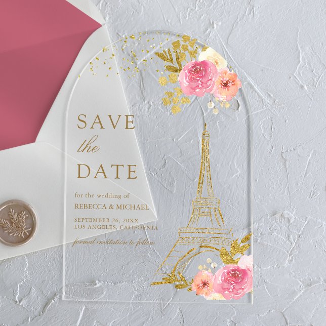 Pink Floral Eiffel Tower Wedding Save the Date (Creator Uploaded)