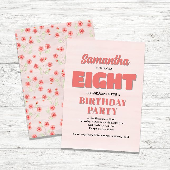 Pink Floral Eighth Birthday Girl Party Template (Girl's Eighth birthday party invitations.)