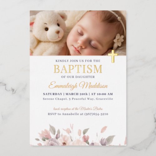 Pink Floral Elegance with Photo and Cross Baptism Foil Invitation