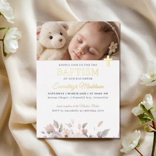 Pink Floral Elegance with Photo and Cross Baptism Foil Invitation