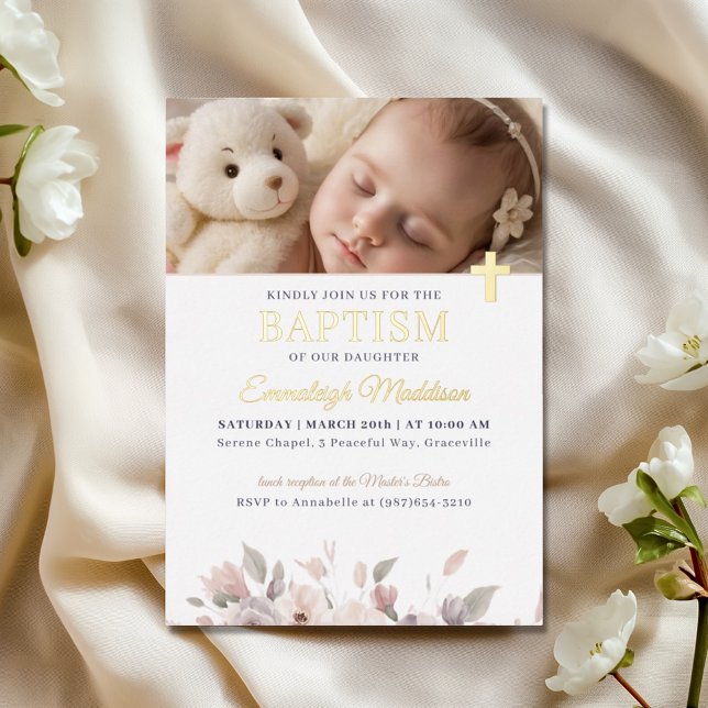 Pink Floral Elegance with Photo and Cross Baptism Foil Invitation (Creator Uploaded)