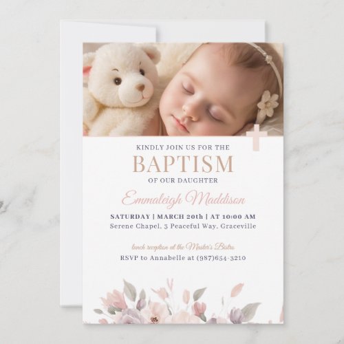 Pink Floral Elegance with Photo and Cross Baptism Invitation