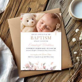Pink Floral Elegance with Photo and Cross Baptism Invitation