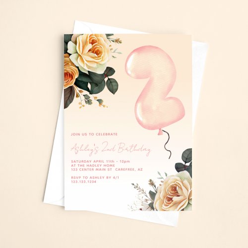Pink Floral Elegant 2nd Birthday Invitation