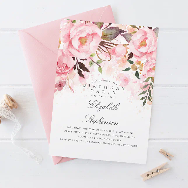 Pink Floral Elegant and Modern Birthday Party Invitation | Zazzle