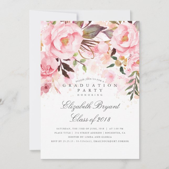 Pink Floral Elegant and Modern Graduation Party Invitation (Front)