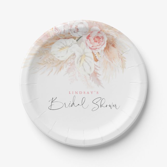 Pink Floral Elegant Botanical Bridal Shower Paper Plates (Front)
