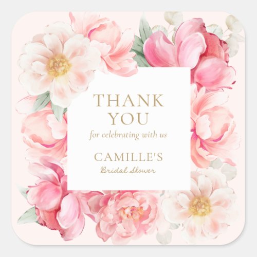 Pink Floral Elegant Bridal Shower Thank you Square Sticker