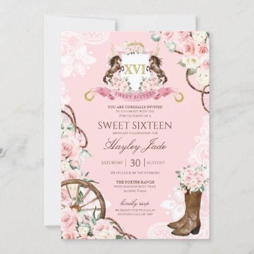Pink Floral  Elegant Crest Cowgirl Ranch Sweet 16 Invitation