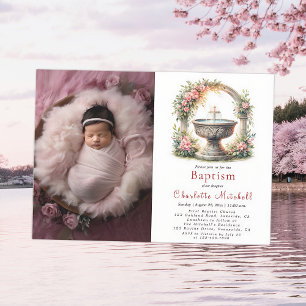 Pink Floral Elegant Cross Baptism Photo Invitation
