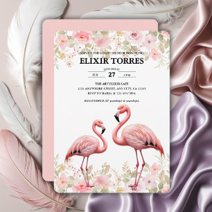 Pink Floral Elegant Flamingo Baby Shower Invitation