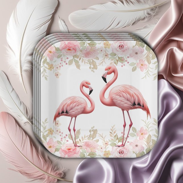 Pink Floral Elegant Flamingo Baby Shower Paper Plates (Creator Uploaded)