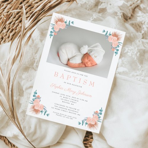 Pink Floral Elegant Girl Photo Baptism Invitation