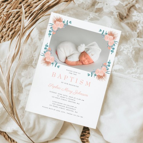 Pink Floral Elegant Girl Photo Baptism Invitation