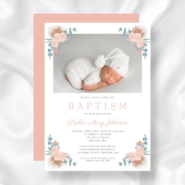 Pink Floral Elegant Girl Photo Baptism Invitation (Pink Floral Elegant Girl Photo Baptism Invitation)