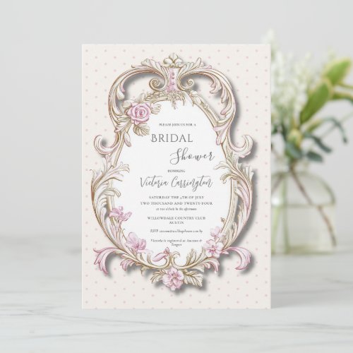 Pink Floral Elegant Gold Frame Bridal Shower Invitation