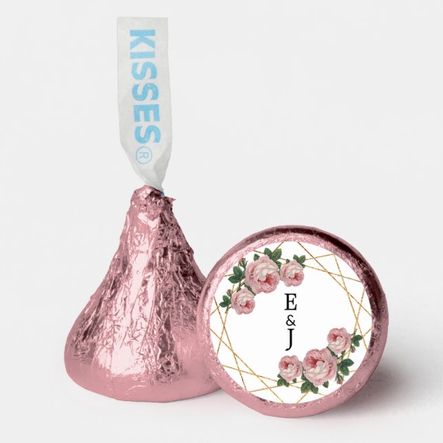 Pink Floral Elegant Gold Glitter Geo Monograms Hershey®'s Kisses® (Front)