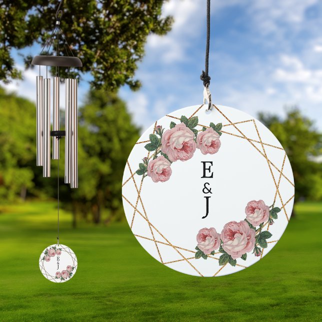 Pink Floral Elegant Gold Glitter Geo Monograms Wind Chime (Outdoor)