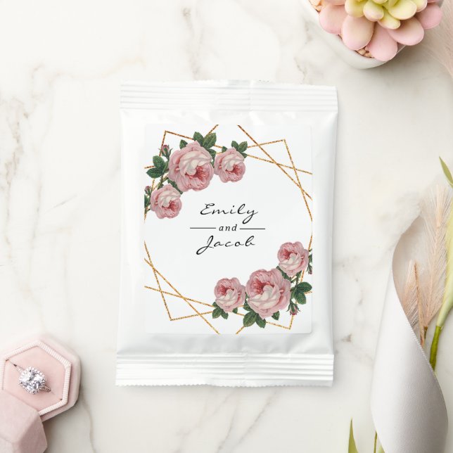 Pink Floral Elegant Gold Glitter Geometric Names Hot Chocolate Drink Mix (Wedding)