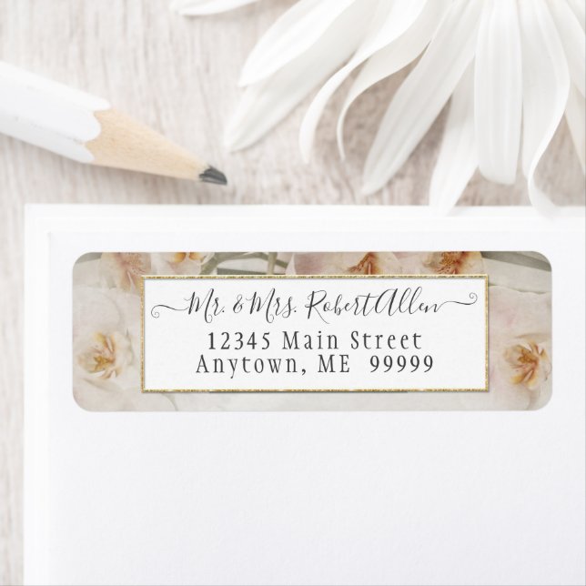 Pink Floral Elegant Gold Script Botanical Wedding Label (Insitu)