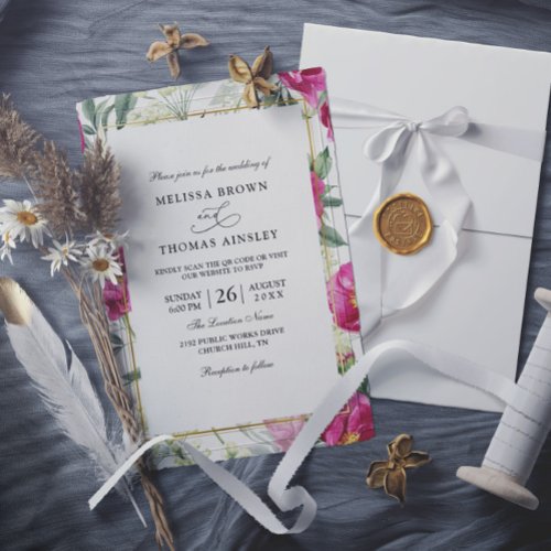 Pink Floral Elegant Modern Budget Qr Code Wedding Invitation