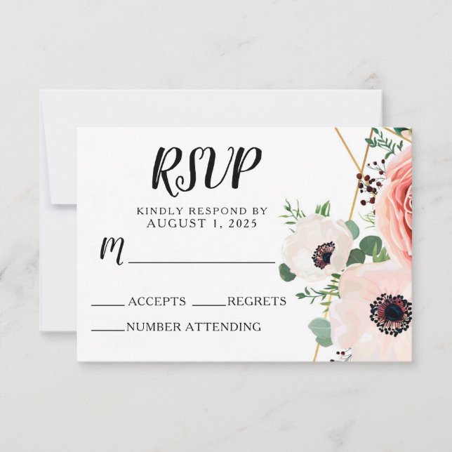 Pink Floral Elegant Modern Flowers Wedding RSVP Card (Front)