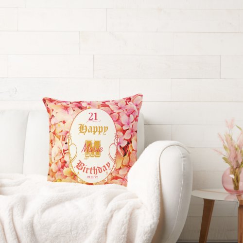 Pink Floral Elegant Modern Happy 21st Birthday Throw Pillow