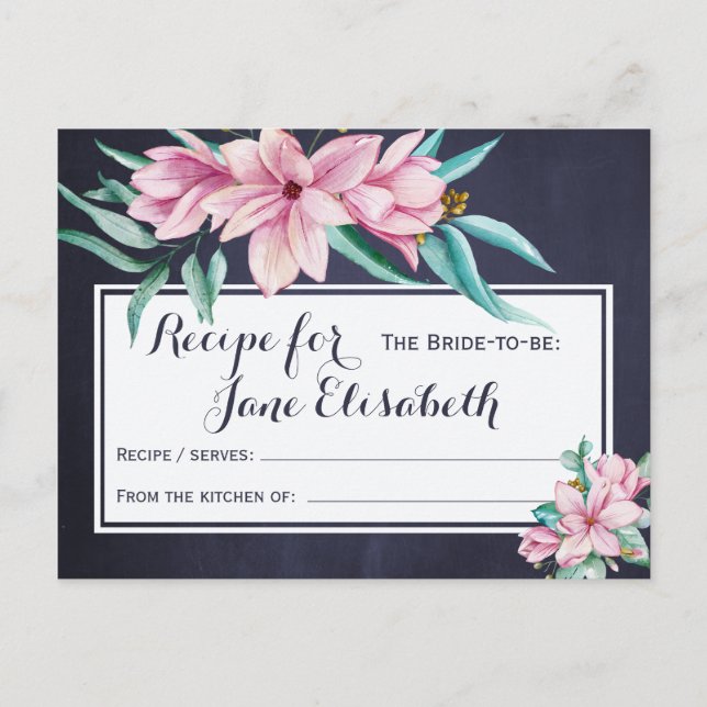 Pink floral elegant navy bride to be recipe postcard (Front)