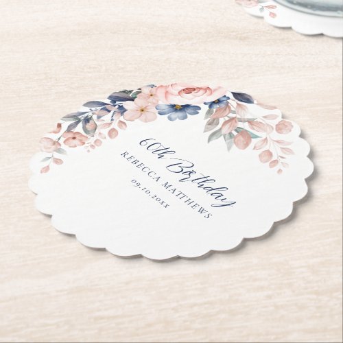Pink Floral Elegant Script 60th Birthday Any Age Paper Coaster