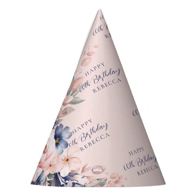 Pink Floral Elegant Script 60th Birthday Any Age Party Hat (Left)