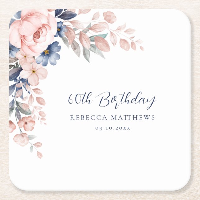 Pink Floral Elegant Script 60th Birthday Any Age Square Paper Coaster (Front)