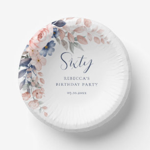 Pink Floral Elegant Script 60th Birthday Paper Bowls