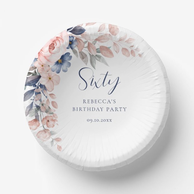 Pink Floral Elegant Script 60th Birthday Paper Bowls (Front)