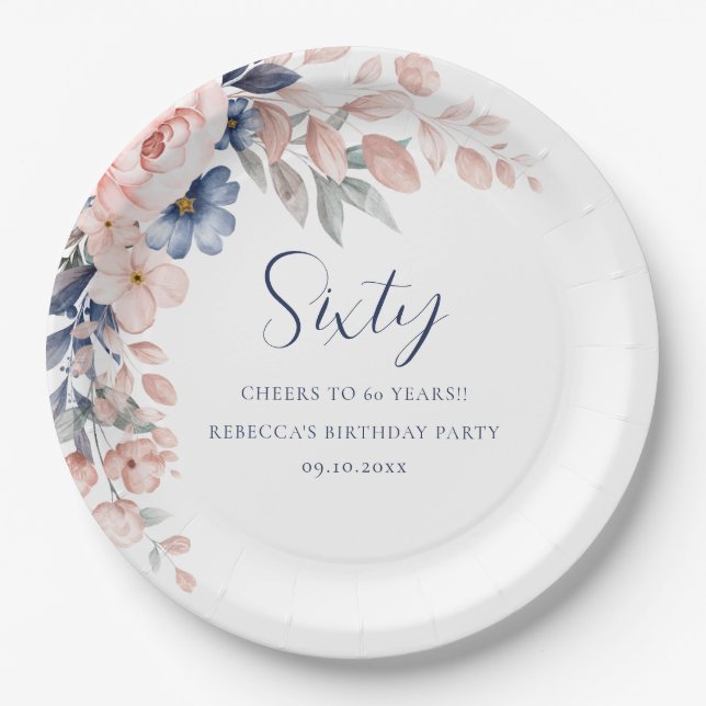 Pink Floral Elegant Script 60th Birthday Paper Plates (Front)
