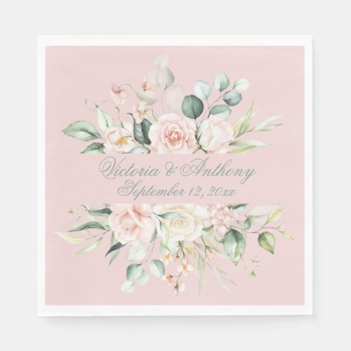 Pink Floral Elegant Script Name Wedding Napkins