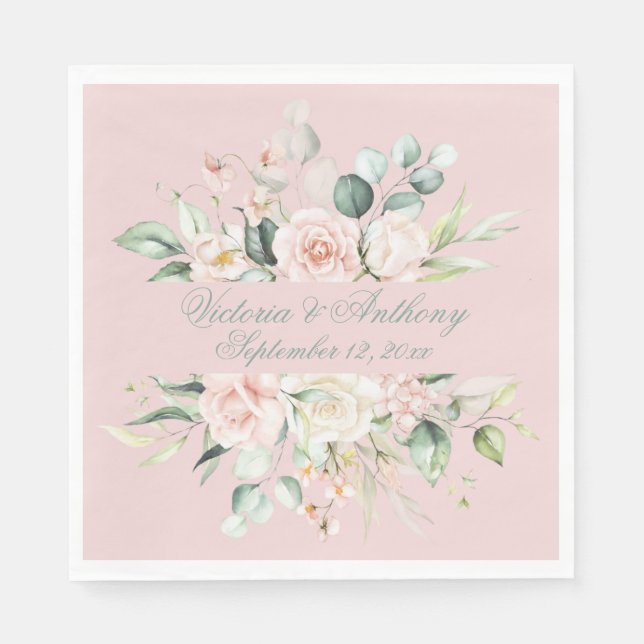 Pink Floral Elegant Script Name Wedding Napkins (Front)
