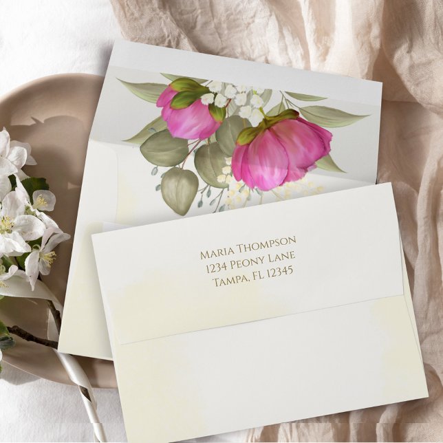Pink Floral Elegant Watercolor Custom  Envelope (Pink floral envelope with watercolor peony flowers.)