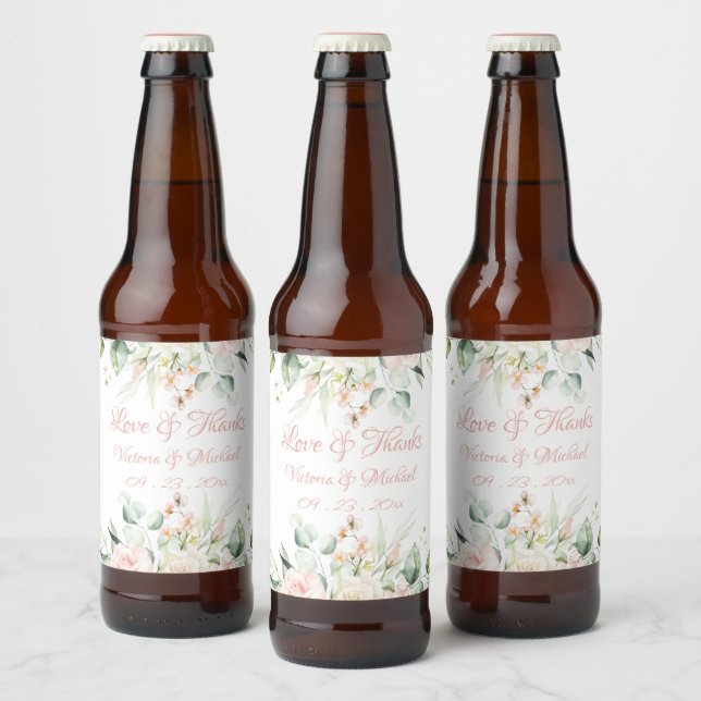 Pink Floral Elegant Watercolor Wedding Beer Bottle Label (Bottles)