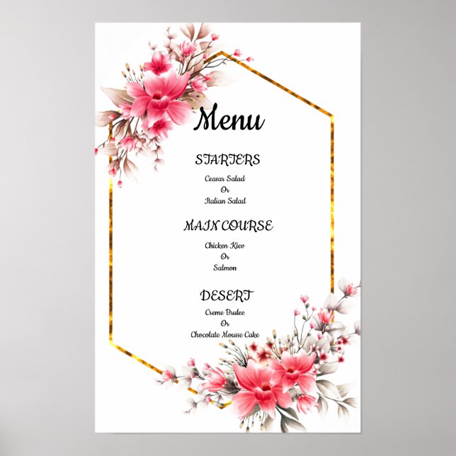 Pink floral elegant wedding menu poster (Front)